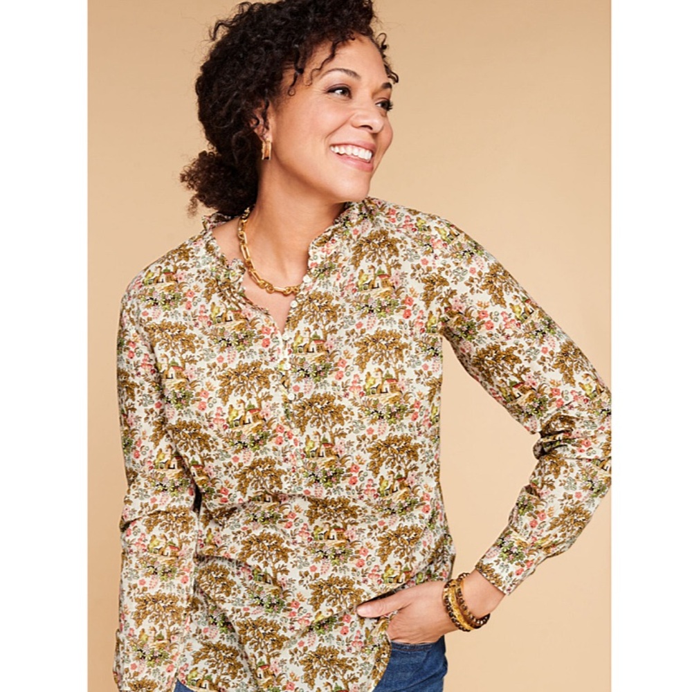 Talbots Countryside Printed Band Collar Popover Top